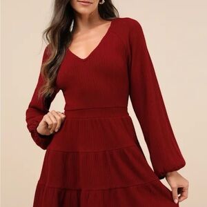 Wine Red Long Sleeve Mini Dress